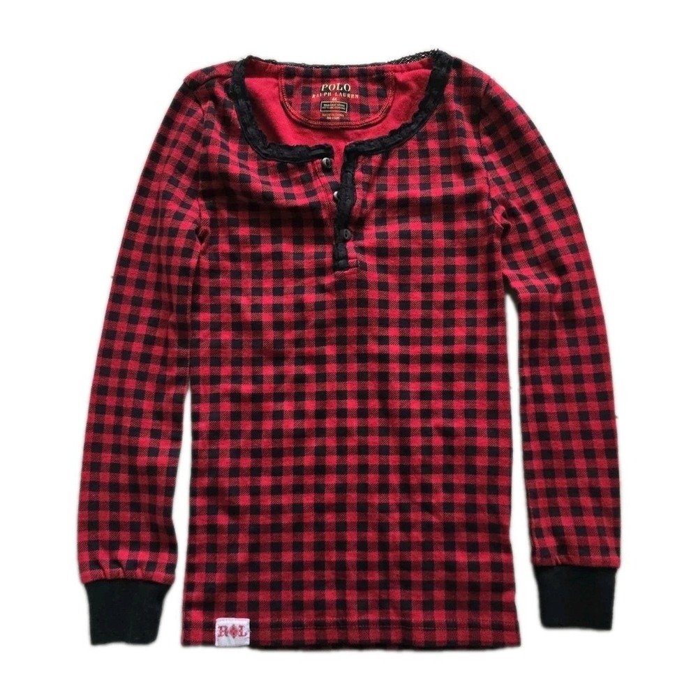 Ralph Lauren Polo Shirt Girl SZ 6X Cotton Long Sleeve Buffalo Plaid Sleep PJ Top